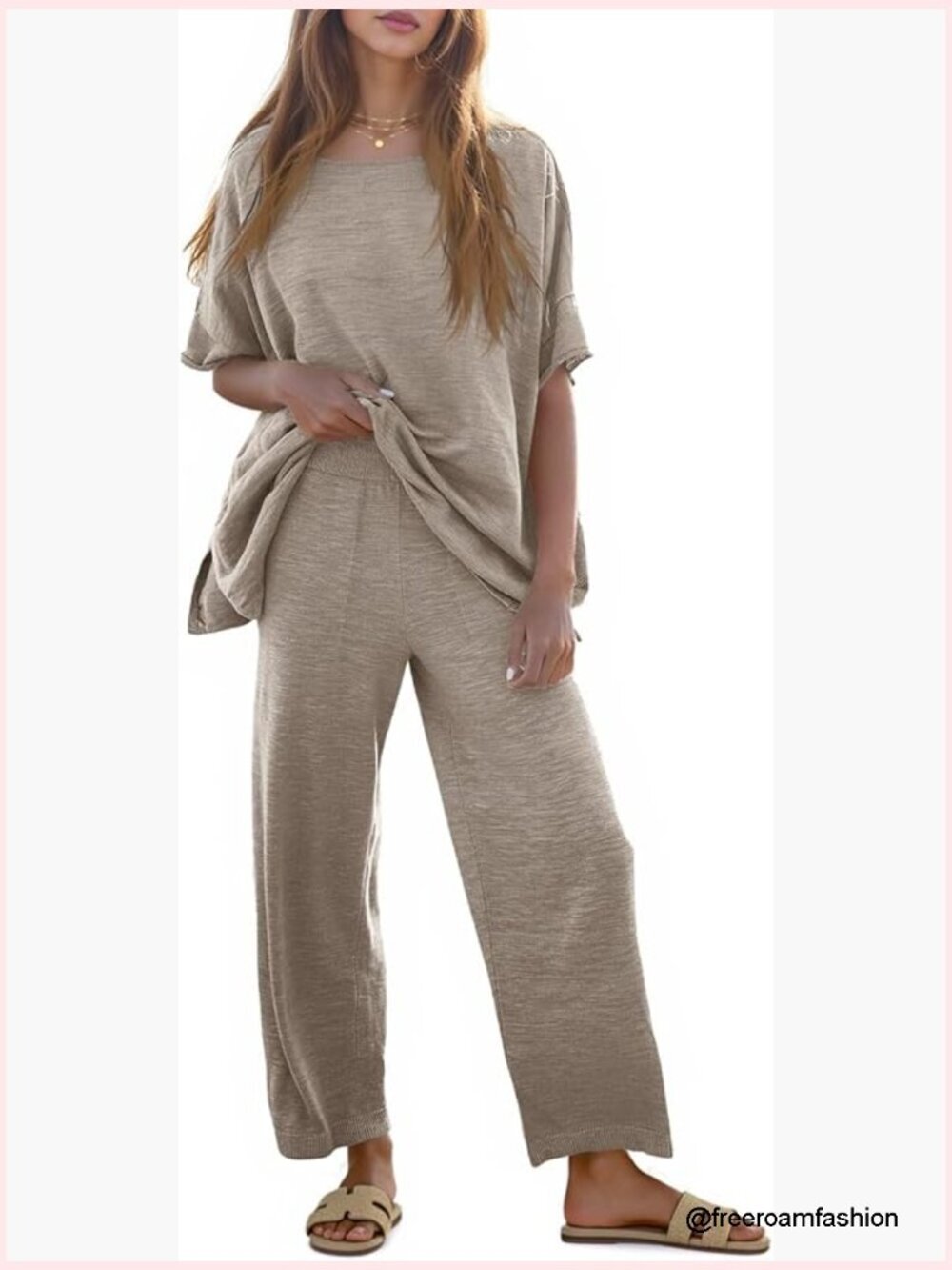 Women's 2 Piece Lounge Set Short Sleeve Knit Top Wide Leg Pants